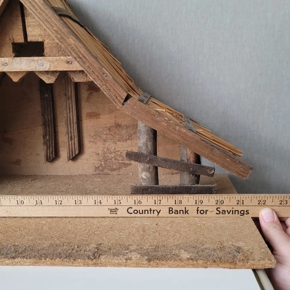 Vintage Hand Crafted Wooden Nativity Stable Manger Italy Rustic Straw Creche
